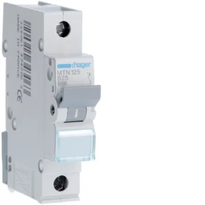 Hager MTN125 25A B Curve 6kA Single Pole MCB