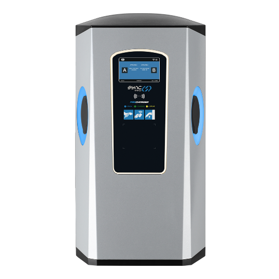 Commercial twin EV charger with payment terminal.