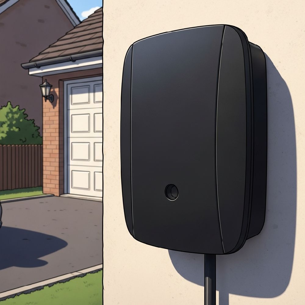 Home EV charger installed on an outside wall by a professional electrician